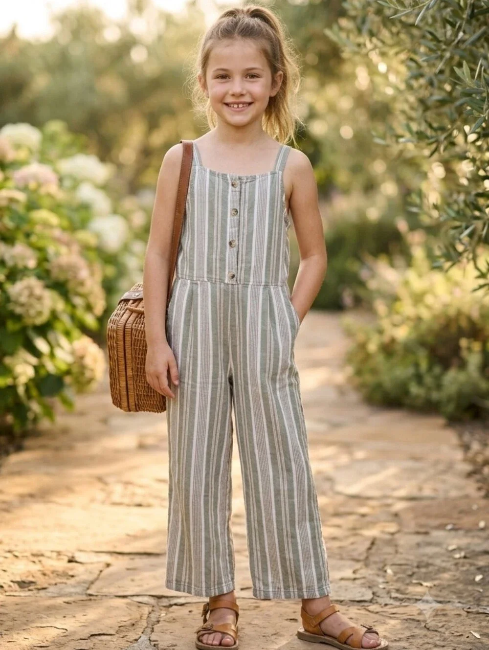 OshKosh B'gosh Girls Striped Jumpsuit Size 8 Olive Green Pink Boho Linen Blend